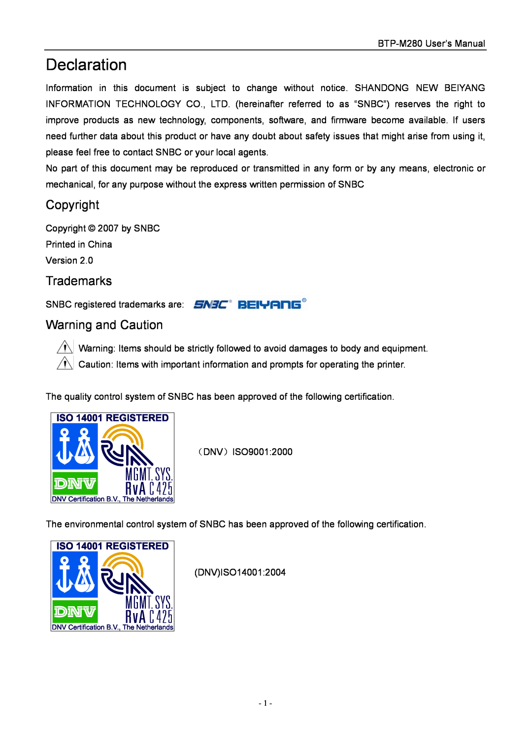 Jiaye General Merchandise Co BTP-M280 user manual Declaration, Copyright, Trademarks, Warning and Caution 
