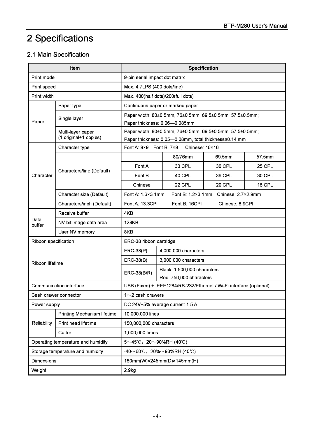 Jiaye General Merchandise Co BTP-M280 user manual Specifications, Main Specification 