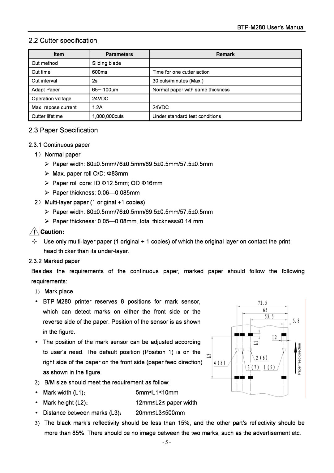 Jiaye General Merchandise Co BTP-M280 user manual Cutter specification, Paper Specification, Parameters, Remark 