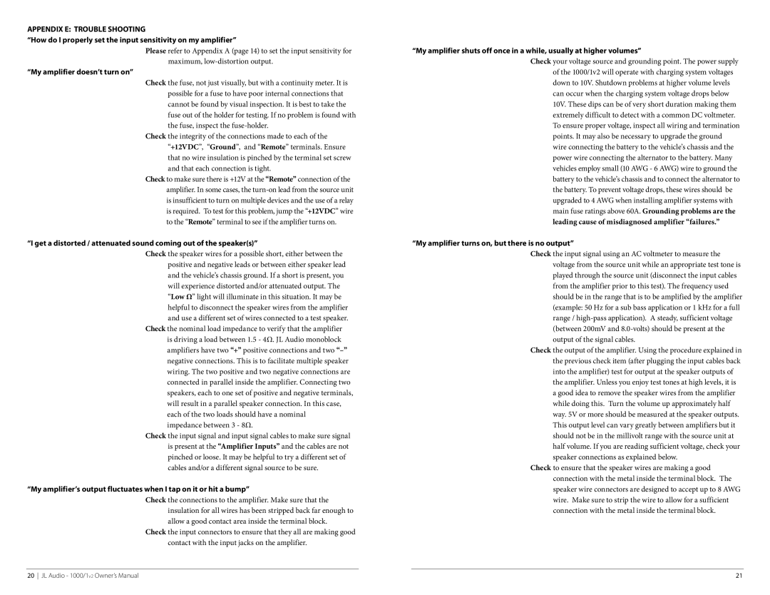 JL Audio 1000/1v2 owner manual Appendix E Trouble Shooting, How do I properly set the input sensitivity on my amplifier 