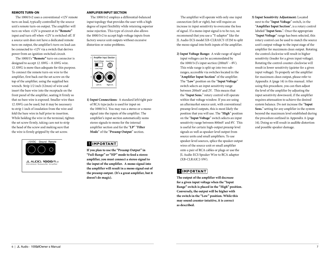 JL Audio 1000/1v2 owner manual Remote TURN-ON Amplifier Input Section 