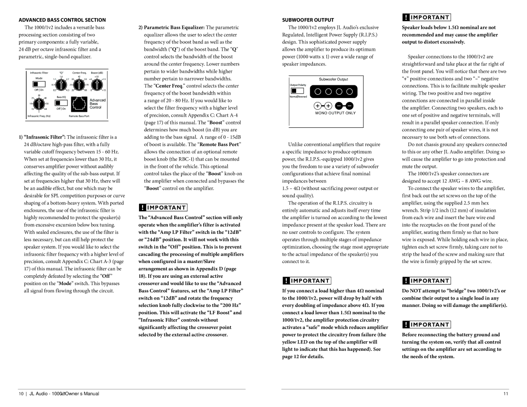 JL Audio 1000/1v2 owner manual Advanced Bass Control Section Subwoofer Output 