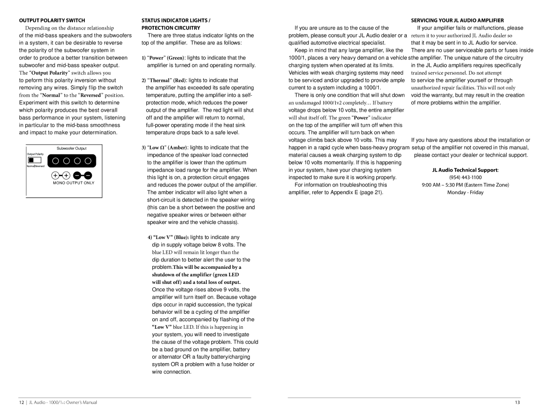 JL Audio 1000/1v2 Output Polarity Switch, Status Indicator Lights Protection Circuitry, Servicing Your JL Audio Amplifier 