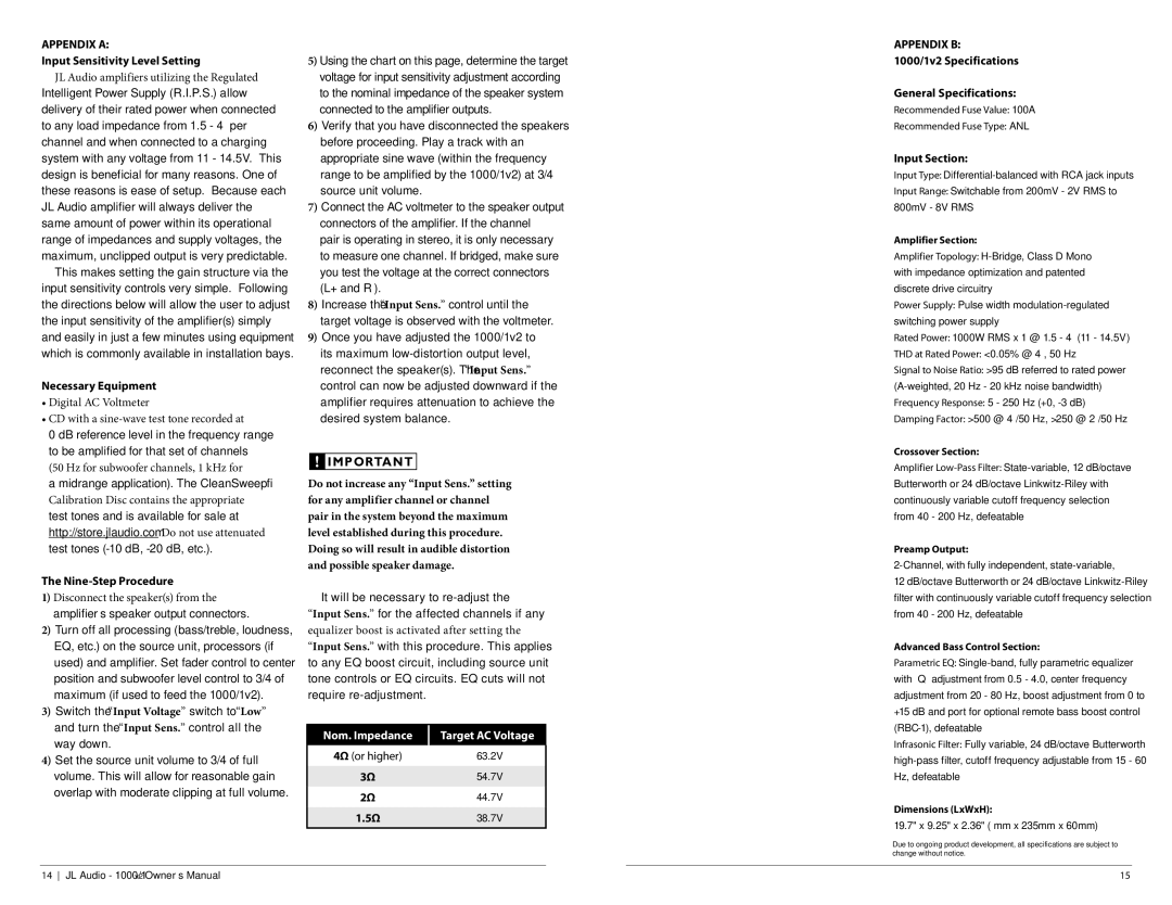 JL Audio 1000/1v2 owner manual Appendix a, Appendix B 