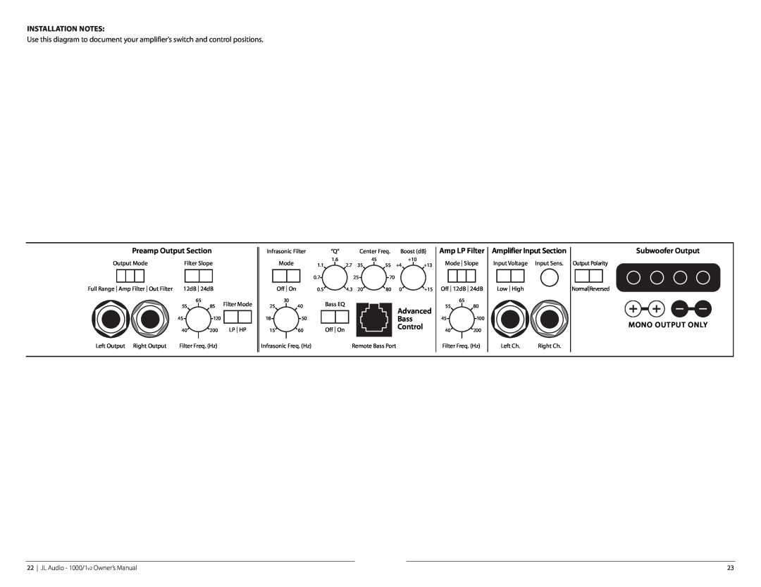JL Audio 1000/1v2 Installation Notes, Bass, Control, Amplifier Input Section, Subwoofer Output MONO OUTPUT ONLY 
