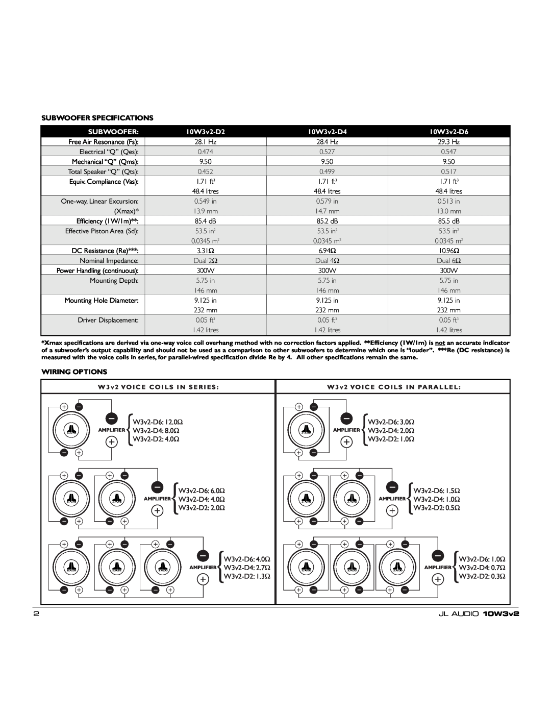 JL Audio owner manual Subwoofer Specifications, 10W3v2-D2, 10W3v2-D4, 10W3v2-D6, Wiring Options 