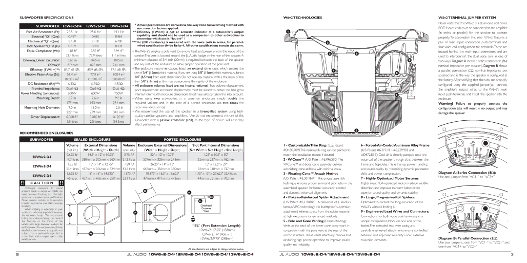 JL Audio 10W6V2-D4 owner manual Volume External Dimensions, 10W6v2-D4, 12W6v2-D4, 13W6v2-D4, W6v2 Technologies 