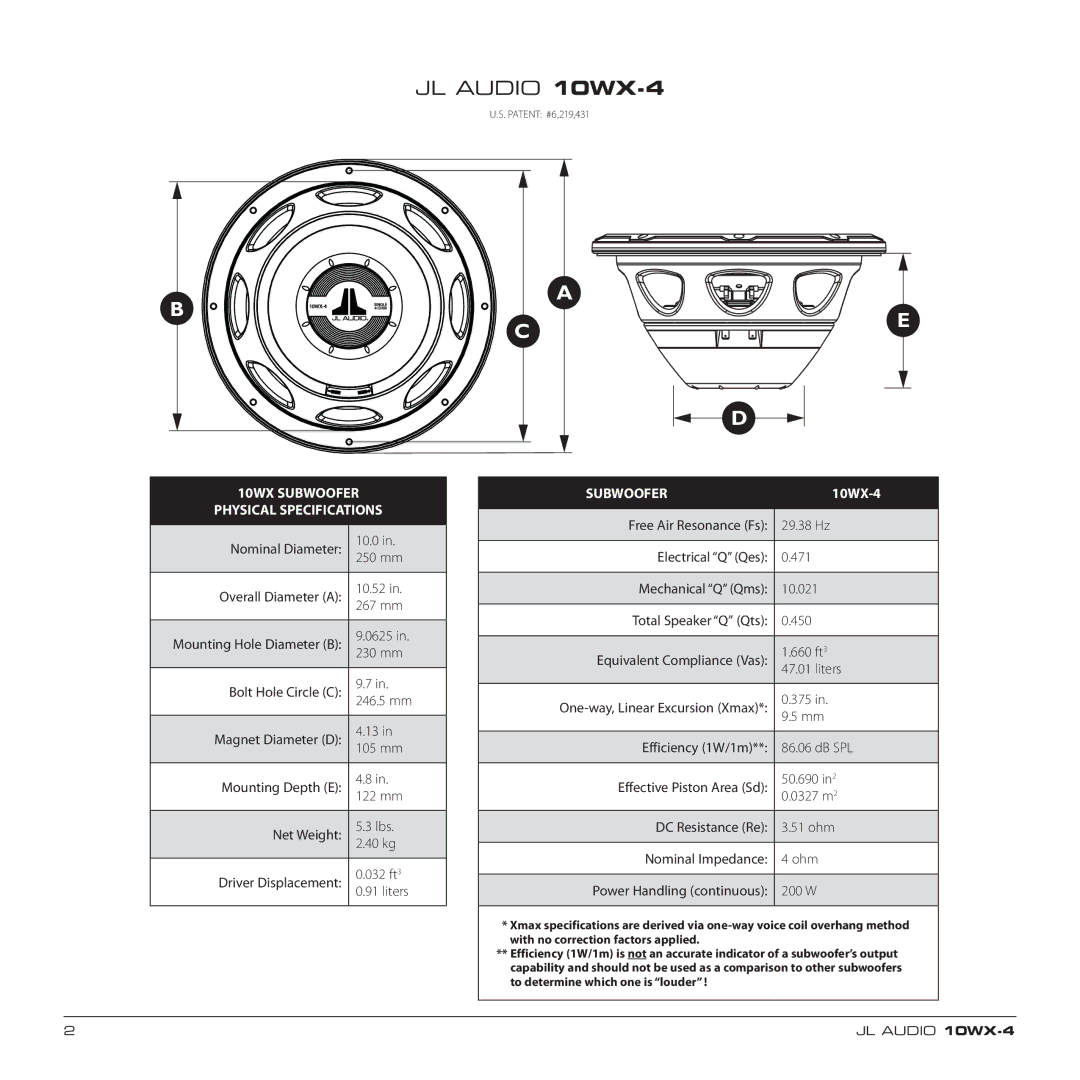 JL Audio 10WX-4 owner manual 10WX Subwoofer Physical Specifications 