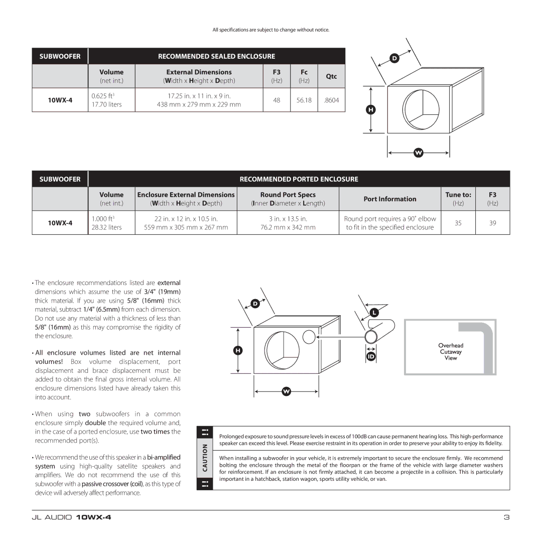 JL Audio 10WX-4 owner manual Subwoofer Recommended Sealed Enclosure, Subwoofer Recommended Ported Enclosure 