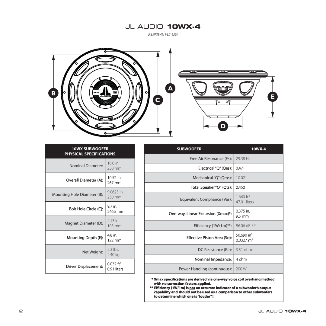JL Audio owner manual A Ce D, JL AUDIO 10WX-4, 10WX SUBWOOFER PHYSICAL SPECIFICATIONS, Subwoofer 