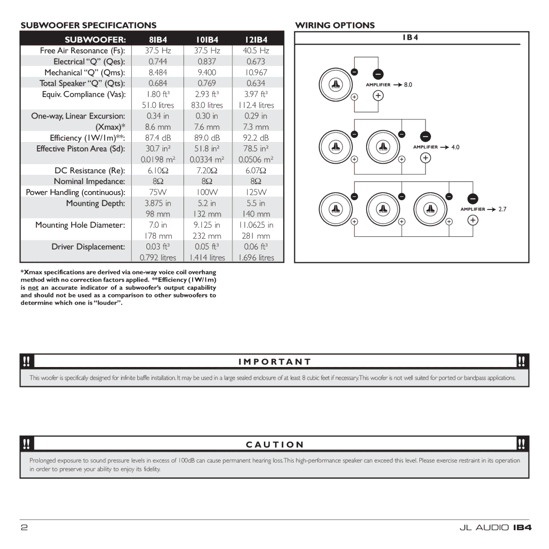 JL Audio 10IB4, 12IB4, 8IB4 owner manual Subwoofer 