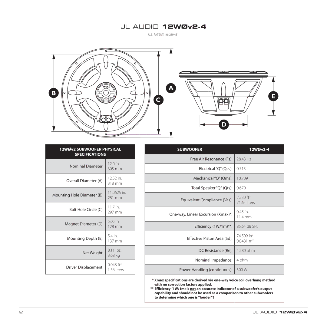 JL Audio 12W0v2-4 owner manual Specifications, Subwoofer 