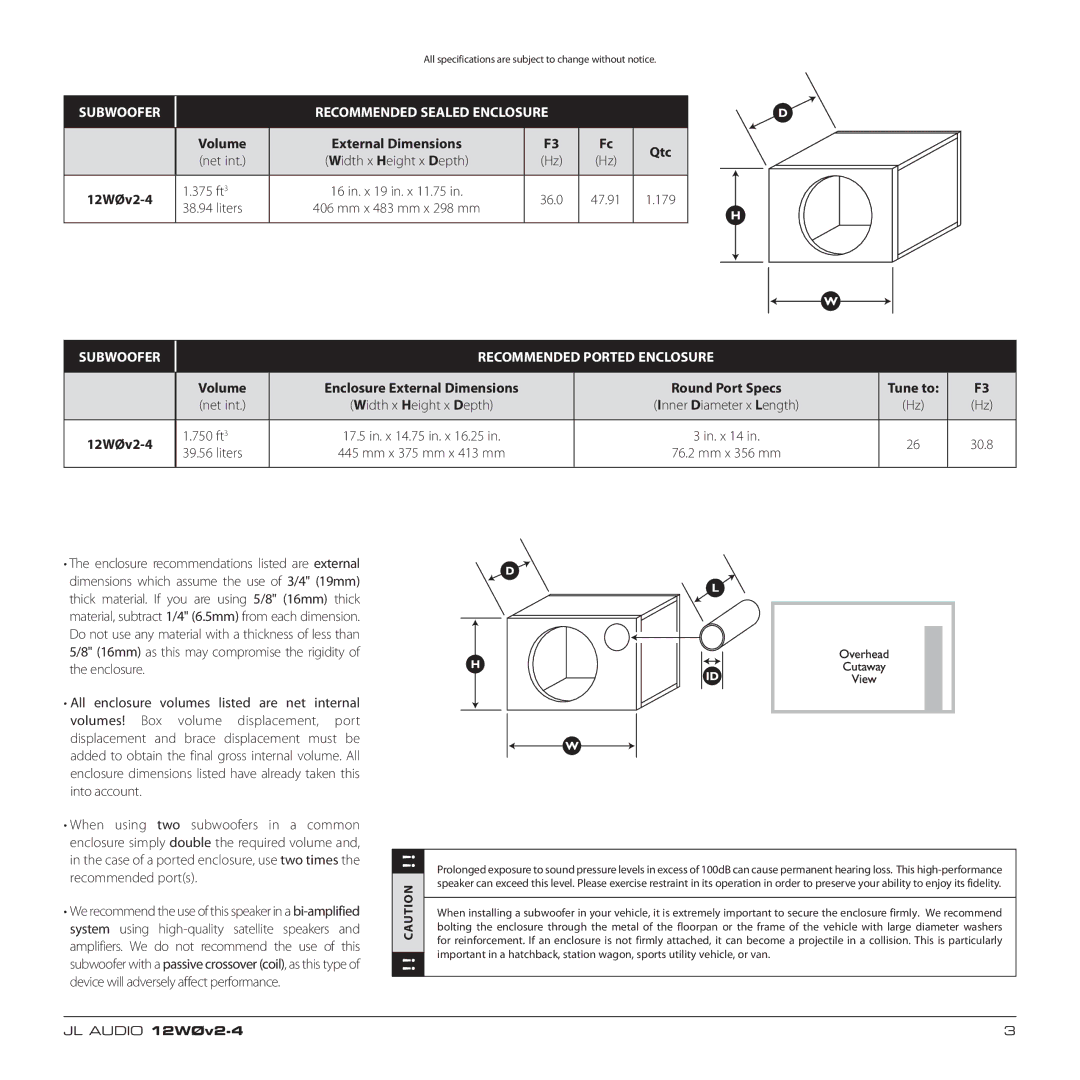 JL Audio 12W0v2-4 owner manual Subwoofer Recommended Sealed Enclosure, Subwoofer Recommended Ported Enclosure 