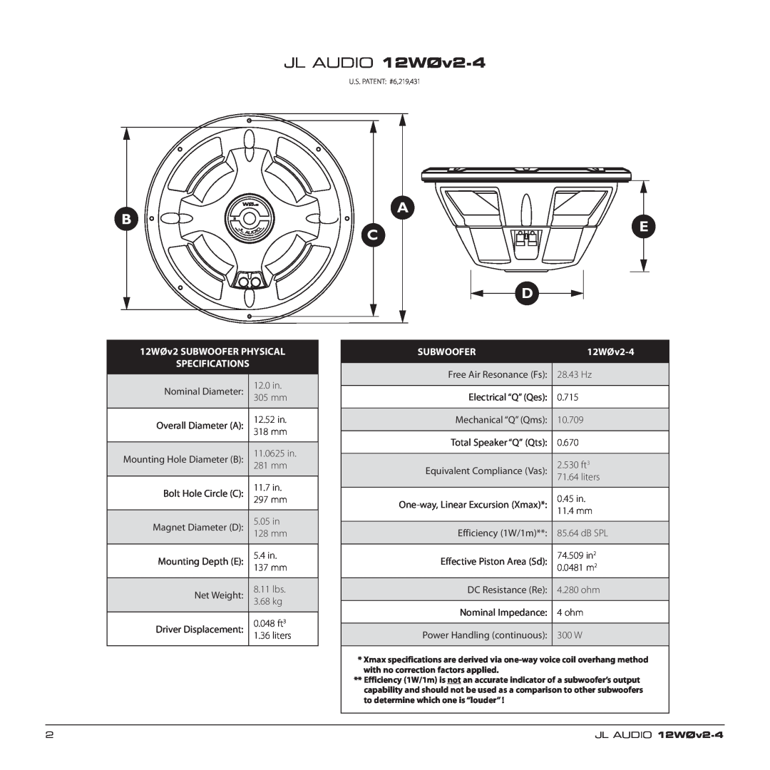 JL Audio 12W0v2-4 owner manual A Ce D, JL AUDIO 12WØv2-4, 12WØv2 SUBWOOFER PHYSICAL SPECIFICATIONS, Subwoofer 