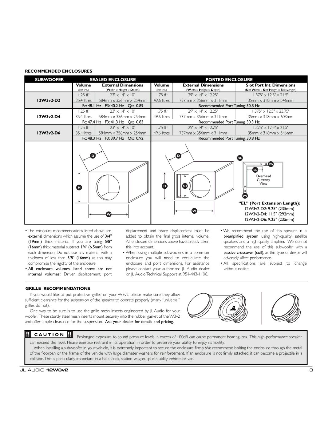 JL Audio 12W3v2 owner manual Recommended Enclosures, Subwoofer Sealed Enclosure Ported Enclosure, Grille Recommendations 