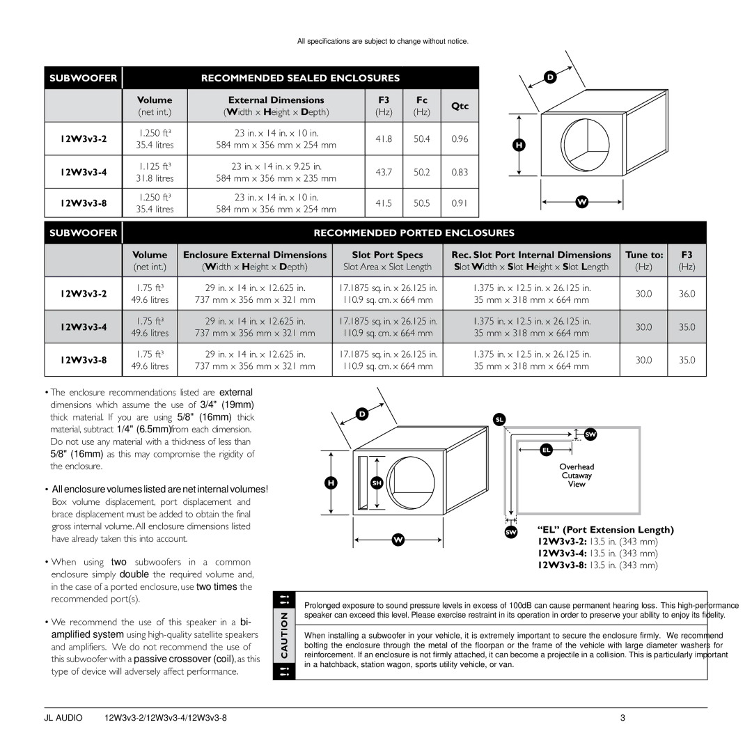 JL Audio 12W3v3-2 owner manual Subwoofer Recommended Sealed Enclosures, Subwoofer Recommended Ported Enclosures 