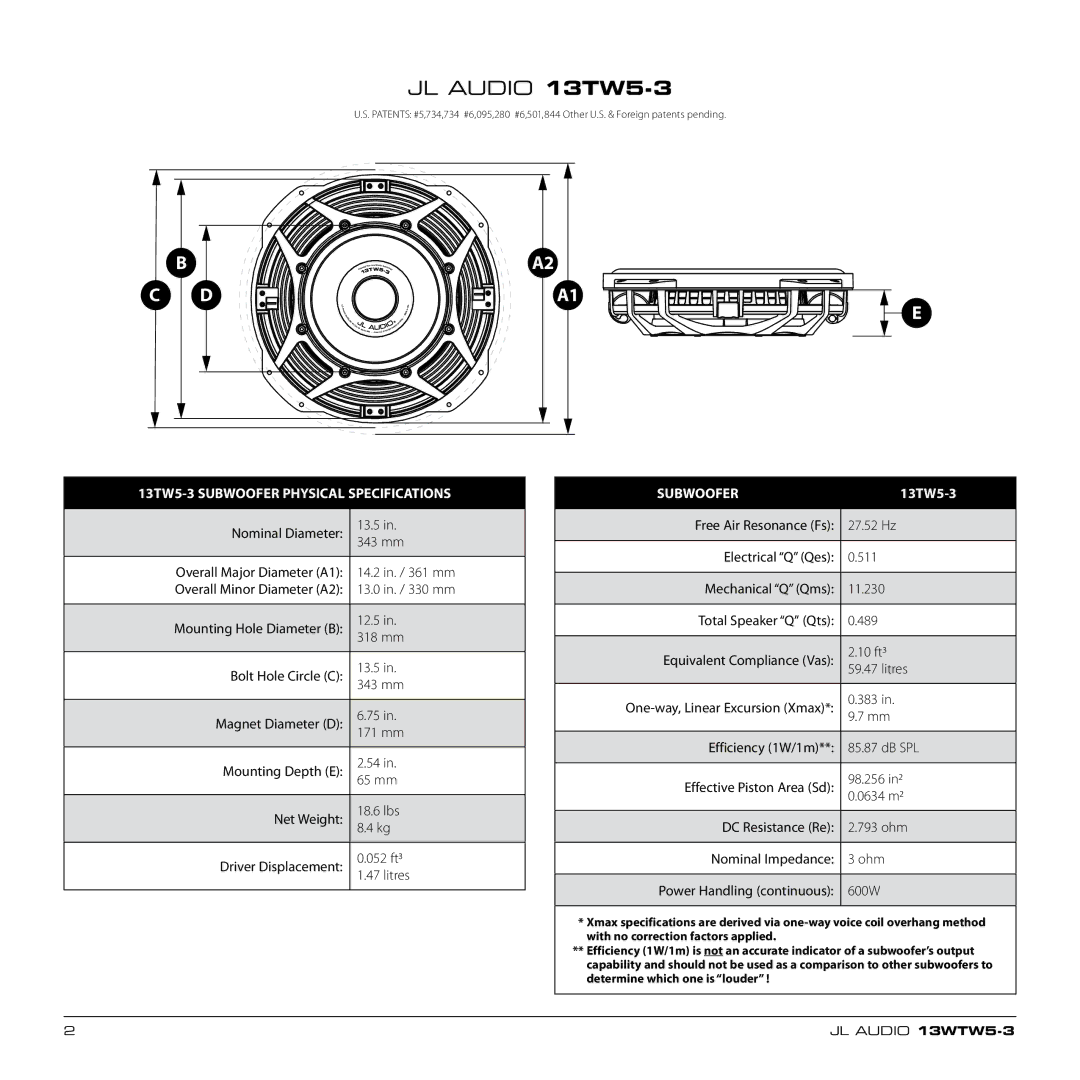 JL Audio owner manual 13TW5-3 Subwoofer Physical Specifications, Efficiency 1W/1m** 85.87 dB SPL 