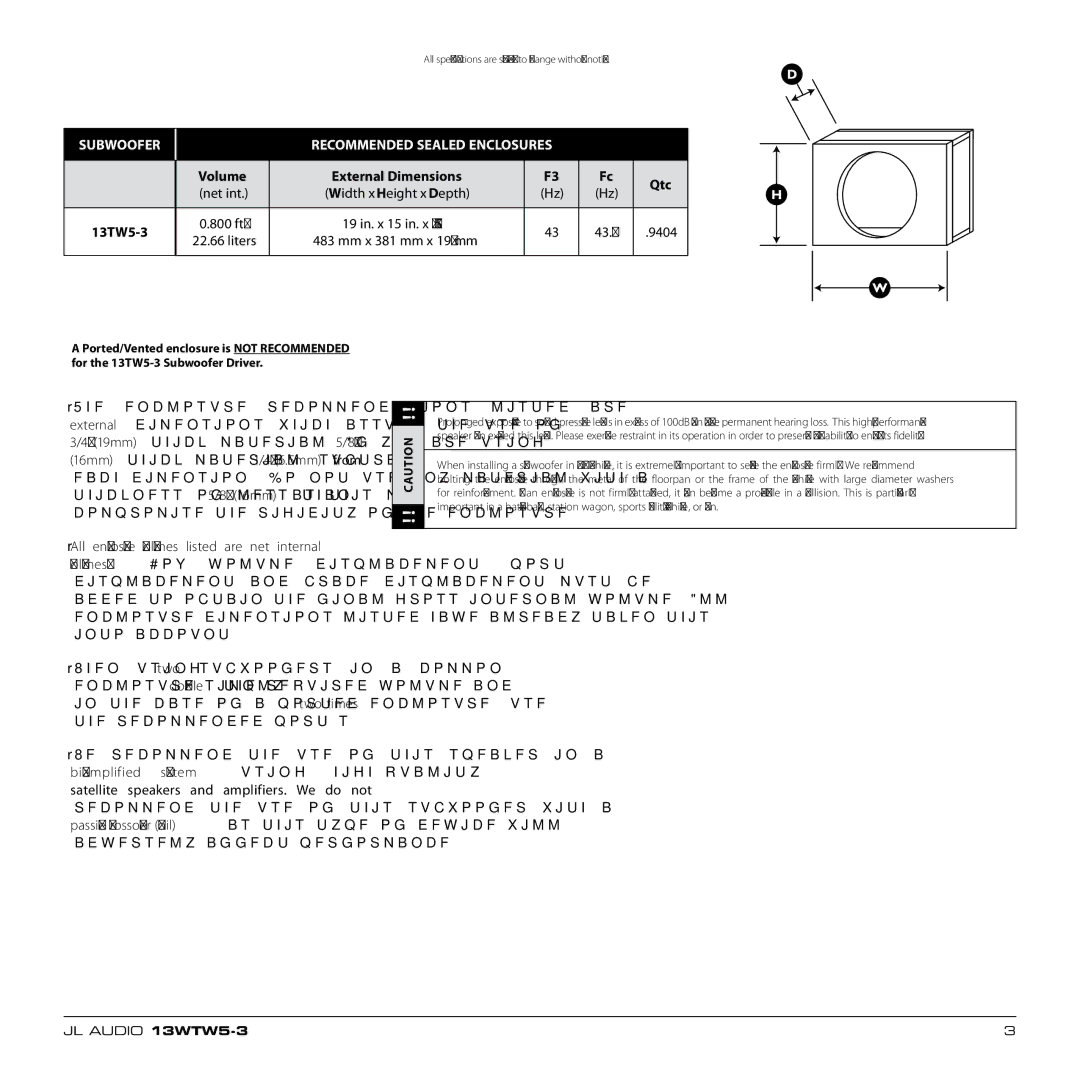 JL Audio 13TW5-3 owner manual Subwoofer Recommended Sealed Enclosures, 9404 