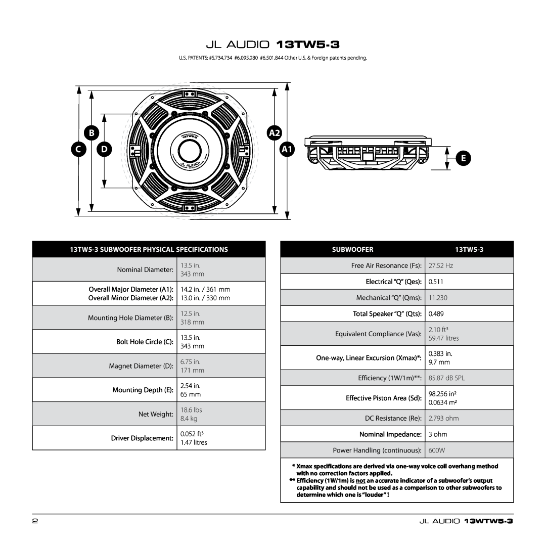 JL Audio owner manual JL AUDIO 13TW5-3, A2 A1 E, 13TW5-3SUBWOOFER PHYSICAL SPECIFICATIONS, Subwoofer 