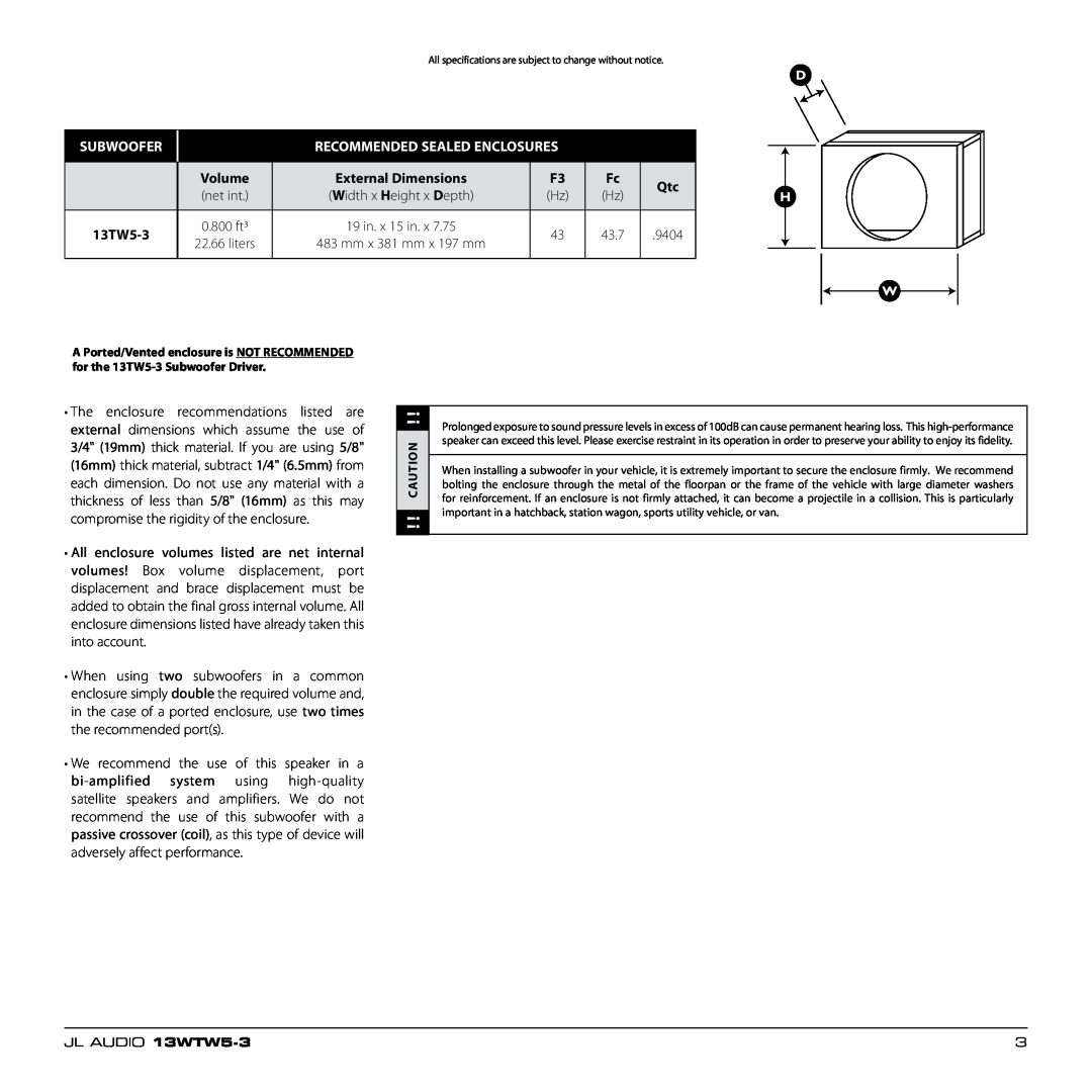 JL Audio 13TW5-3 owner manual Subwoofer, Recommended Sealed Enclosures 