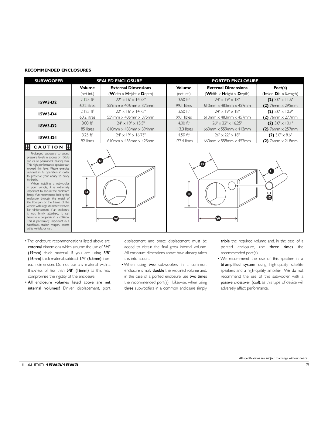 JL Audio 15W3 18W3 owner manual Recommended Enclosures, Subwoofer Sealed Enclosure Ported Enclosure, U T I O N 