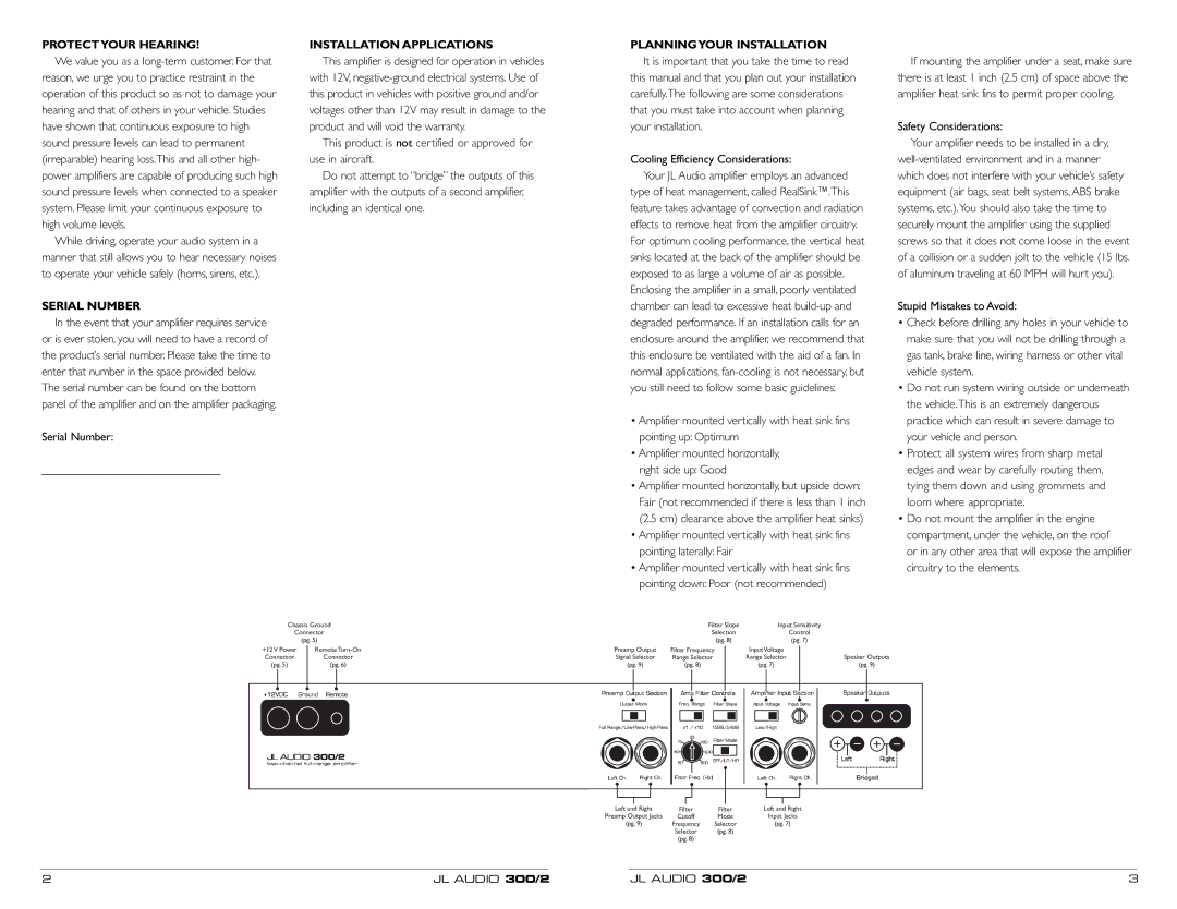 JL Audio 300/2 owner manual Protectyour Hearing, Serial Number, Installation Applications, Planningyour Installation 