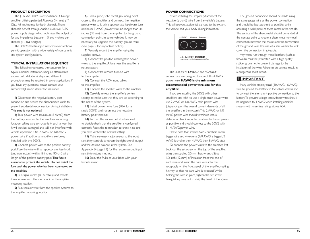 JL Audio 300/2 owner manual Product Description, Typical Installation Sequence, Power Connections, Amplifier 