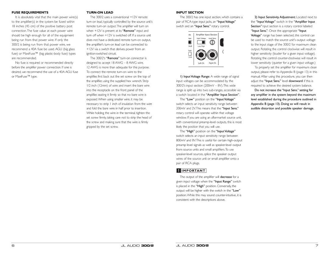 JL Audio 300/2 owner manual Fuse Requirements TURN-ON Lead Input Section 