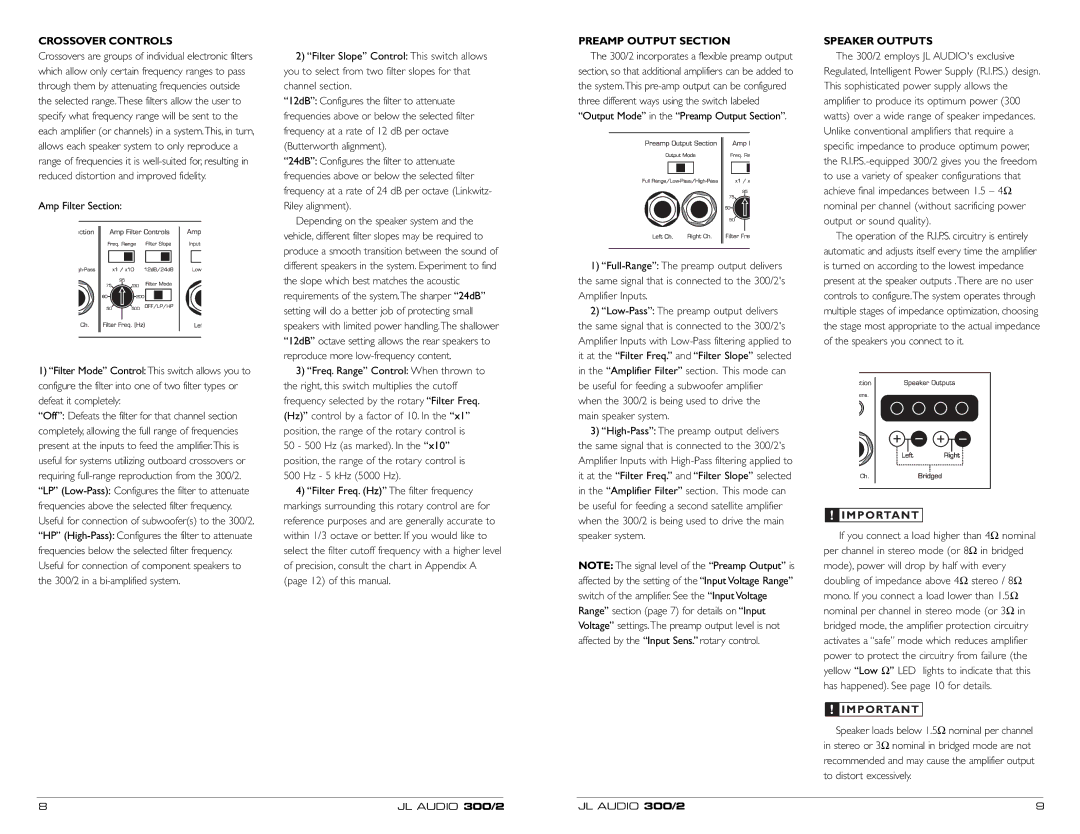 JL Audio 300/2 owner manual Crossover Controls Preamp Output Section Speaker Outputs 