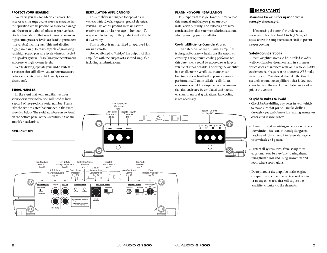 JL Audio 300w Cooling Efficiency Considerations, Serial Number, Safety Considerations, Stupid Mistakes to Avoid 