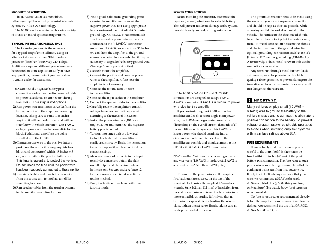 JL Audio 300w owner manual Product Description, Power Connections, Fuse Requirements 