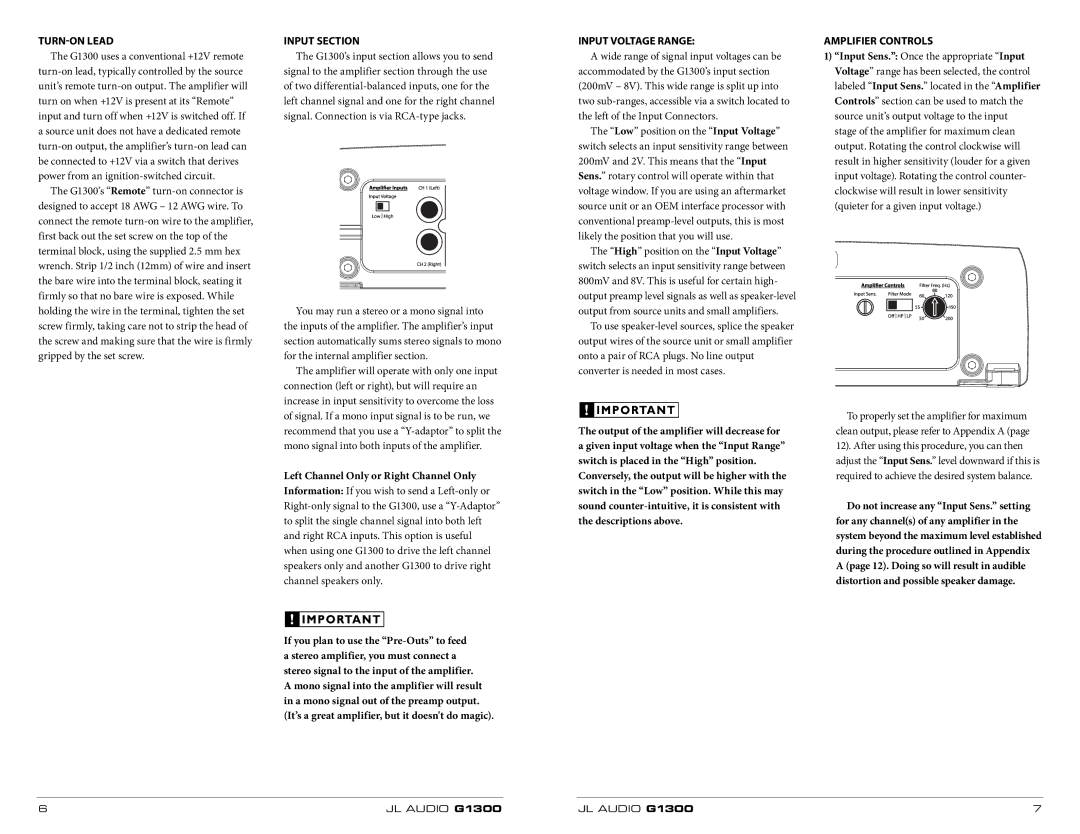 JL Audio 300w owner manual Turn-On Lead, Input Section, Input Voltage Range 