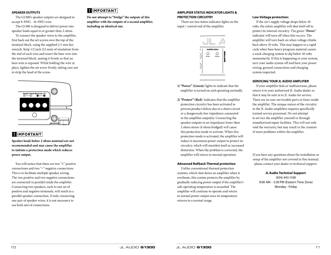 JL Audio 300w Speaker Outputs, Amplifier Status Indicator Lights & Protection Circuitry, Low-Voltage protection 