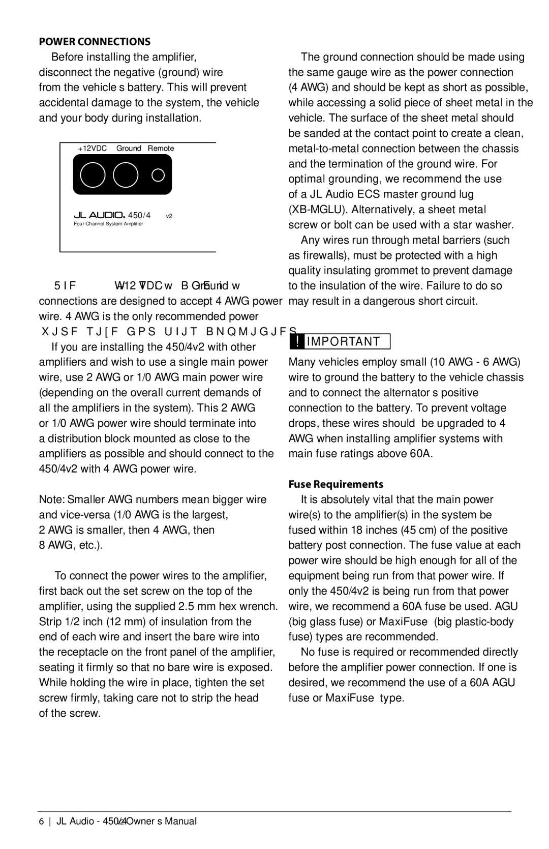 JL Audio 450/4V2 owner manual Power Connections, Fuse Requirements 