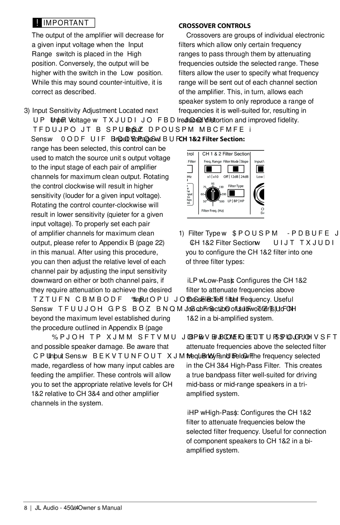 JL Audio 450/4V2 owner manual Crossover Controls, CH 1&2 Filter Section 