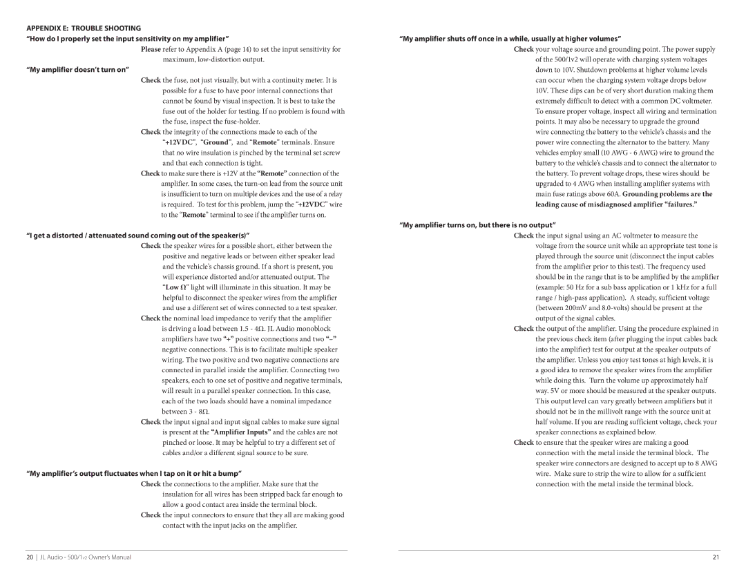 JL Audio 500/1v2 owner manual My amplifier doesn’t turn on, My amplifier turns on, but there is no output 