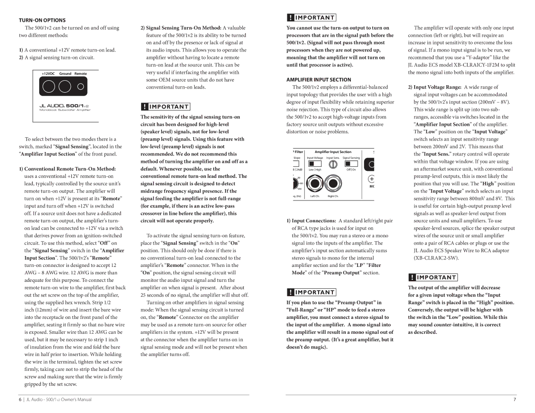 JL Audio 500/1v2 owner manual Turn-On Options, Amplifier Input Section 