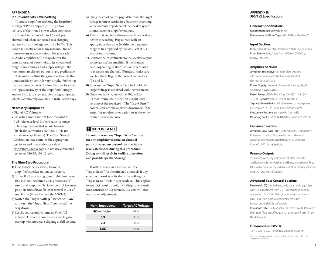 JL Audio 500/1v2 Appendix a Input Sensitivity Level Setting, Necessary Equipment, Nine-Step Procedure, Input Section 