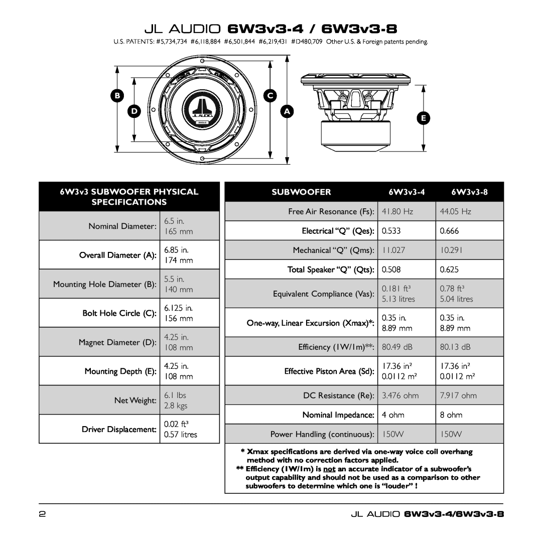 JL Audio owner manual JL AUDIO 6W3v3-4 / 6W3v3-8, 6W3v3 SUBWOOFER PHYSICAL SPECIFICATIONS, Subwoofer 