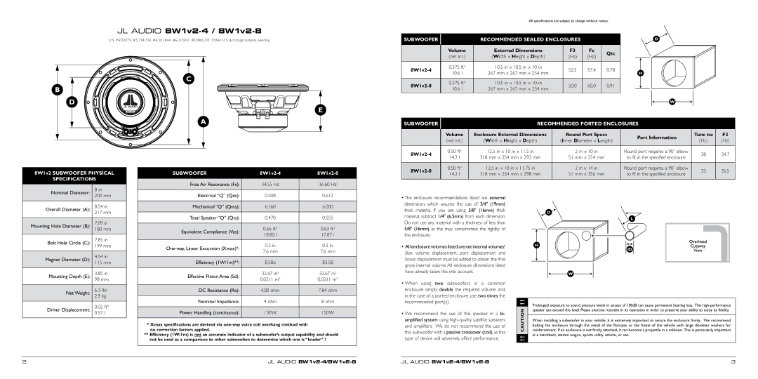 JL Audio 8W1v2-4 owner manual Subwoofer Recommended Sealed Enclosures, Subwoofer Recommended Ported Enclosures 