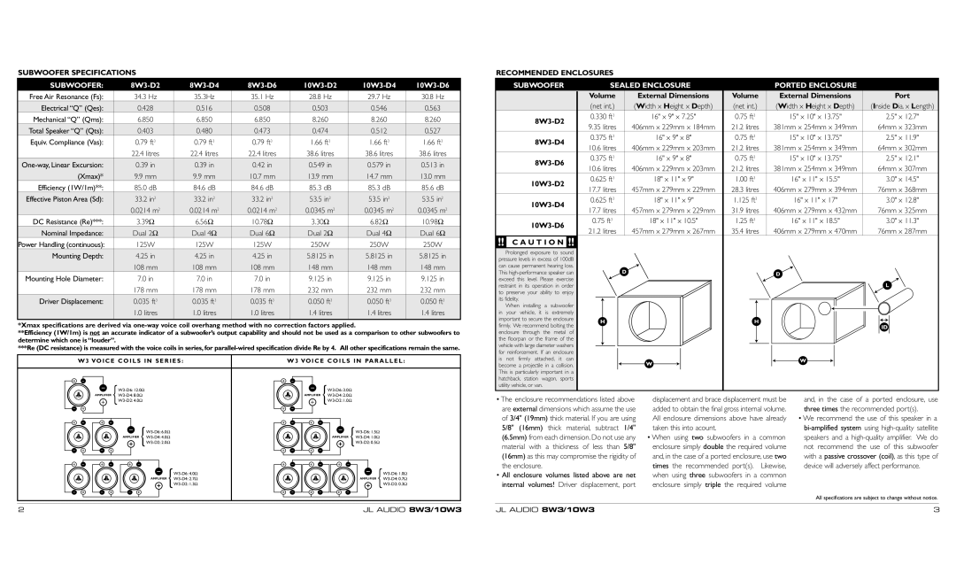 JL Audio owner manual 8W3-D2, 8W3-D4, 8W3-D6, 10W3-D2, 10W3-D4, 10W3-D6 