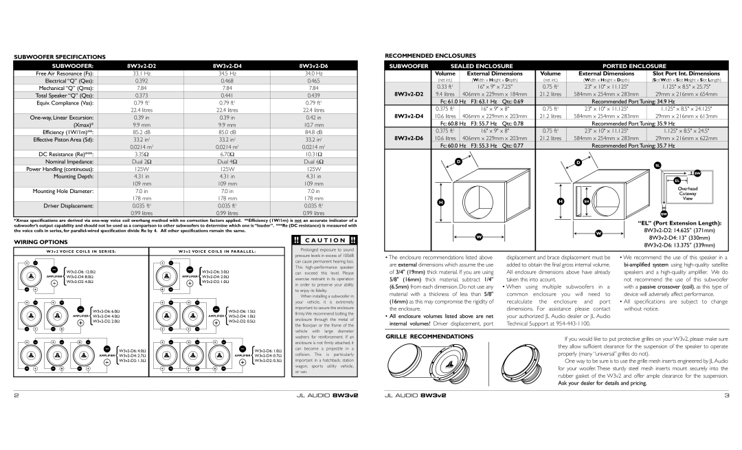 JL Audio owner manual 8W3v2-D2, 8W3v2-D4, 8W3v2-D6, EL Port Extension Length 