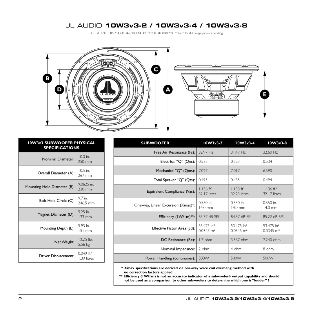 JL Audio 10W3v3-2, 92151, 10W3v3-8, 10W3v3-4 owner manual Specifications, Subwoofer 