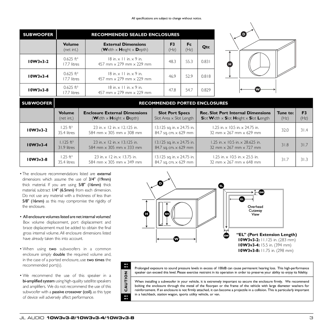 JL Audio 10W3v3-4, 92151, 10W3v3-8 Subwoofer Recommended Sealed Enclosures, Subwoofer Recommended Ported Enclosures 