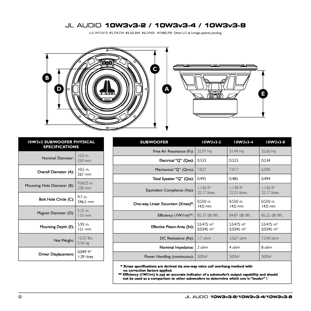 JL Audio 92151 owner manual JL AUDIO 10W3v3-2 / 10W3v3-4 / 10W3v3-8, 10W3v3 SUBWOOFER PHYSICAL SPECIFICATIONS, Subwoofer 