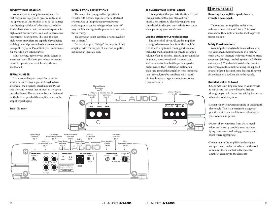 JL Audio A1400 owner manual Protect Your Hearing, Serial Number, Installation Applications, Planning Your Installation 