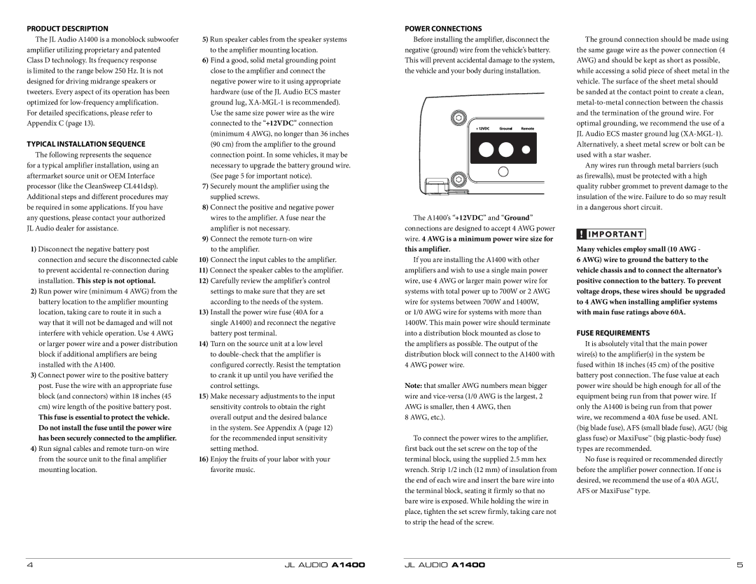 JL Audio A1400 owner manual Product Description, Typical Installation Sequence, Power Connections, Fuse Requirements 