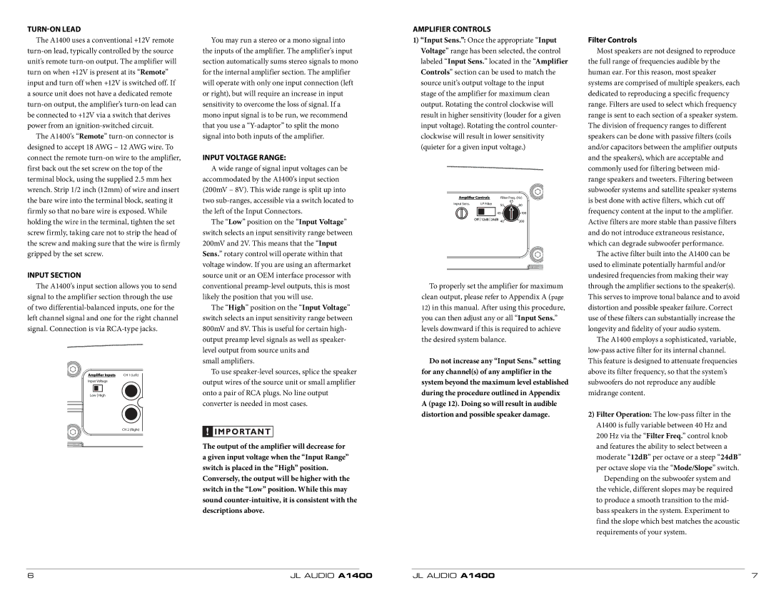 JL Audio A1400 owner manual TURN-ON Lead, Input Section, Input Voltage Range, Amplifier Controls, Filter Controls 