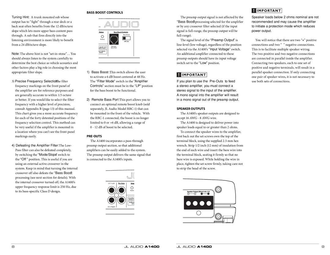 JL Audio A1400 owner manual Bass Boost Controls, Precise Frequency Selection The filter, Pre-Outs, Speaker Outputs 