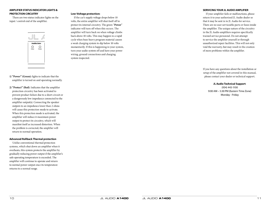 JL Audio A1400 owner manual Amplifier Status Indicator Lights & Protection Circuitry, Advanced Rollback Thermal protection 